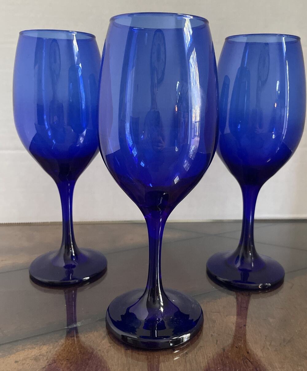 3 Cobalt Blue Wine Glasses 8” Vintage Excellent Condition